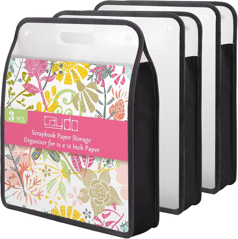 Caydo Scrapbook Paper Organizer, 3 Pack Black Expanding Paper Folio with Handle, Clear Portable Paper Storage for Holding 12 x 12 Inch Scrapbook, Vinyl - Image 1